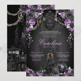Halloween Black Rose Purple Princess Quinceanera Invitation