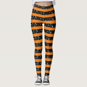 Halloween Black sparkles stripes lines on orange Leggings