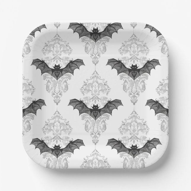 Halloween black white bats pattern paper plate (Front)