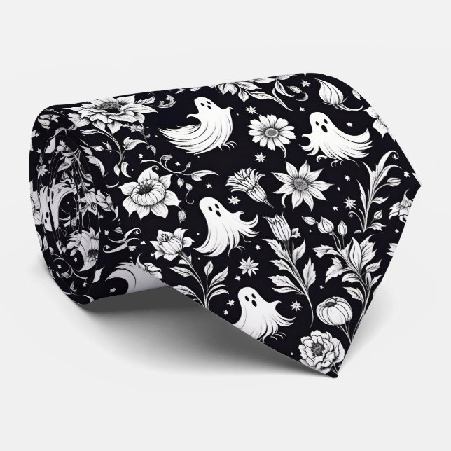 Halloween Black & White Ghosts Floral Tie (Rolled)
