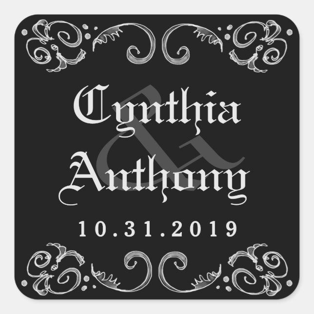 Halloween Black White Gothic Names & Wedding Date Square Sticker (Front)