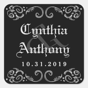 Halloween Black White Gothic Names & Wedding Date Square Sticker
