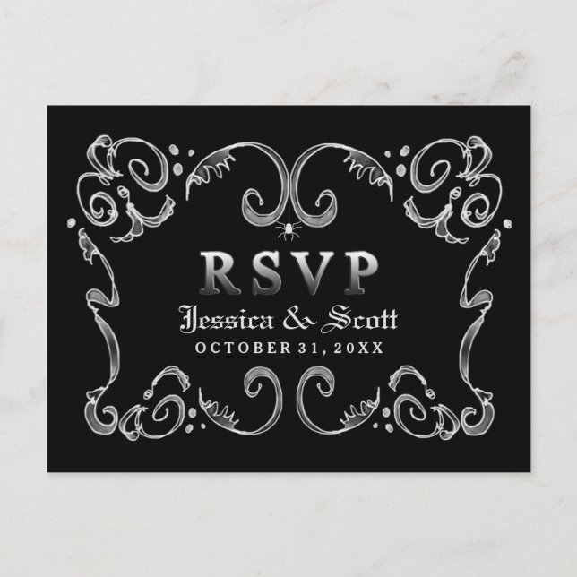 Halloween Black White Gothic Scroll RSVP Invitation Postcard (Front)