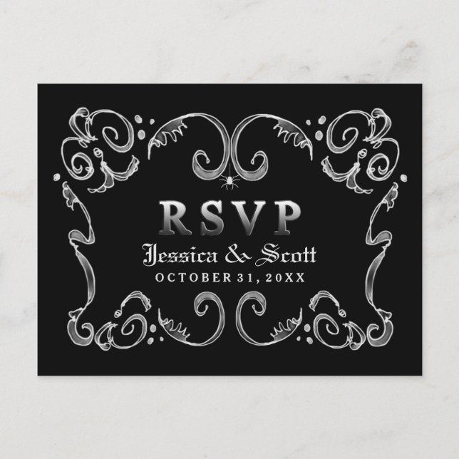 Halloween Black White Gothic Scroll RSVP MENU (Front)