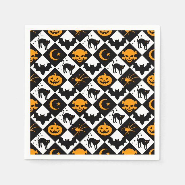 Halloween Black White Orange Harlequin Pattern Napkin (Front)