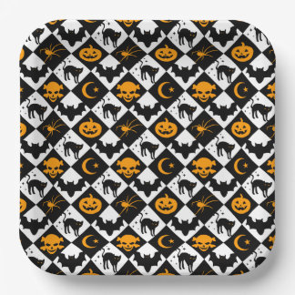 Halloween Black White Orange Harlequin Pattern Paper Plate