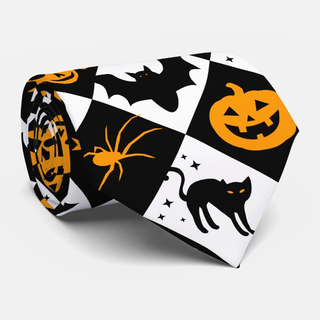 Halloween Black White Orange Harlequin Pattern Tie (Rolled)