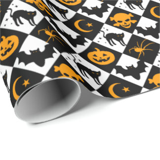 Halloween Black White Orange Harlequin Pattern Wrapping Paper