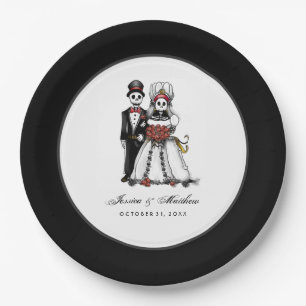 Halloween Black & White Red Skeletons Matching Paper Plate