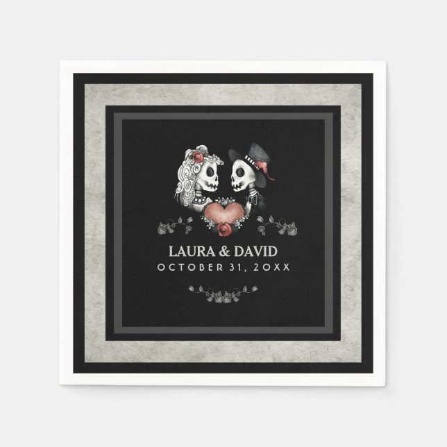 Halloween Black & White Skeletons & Heart Wedding Napkin (Front)