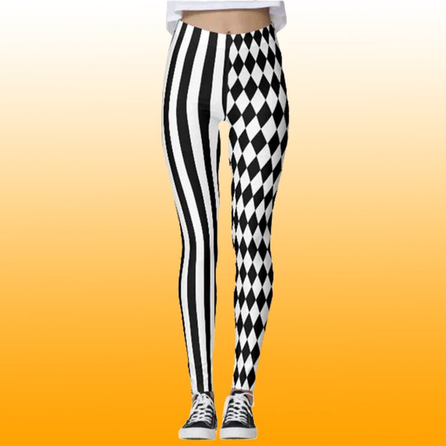 Halloween Black White Stripes Harlequin Pattern Leggings (Creator Uploaded)