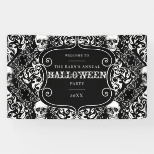 Halloween Black White Vintage Gothic Skull Damask Banner