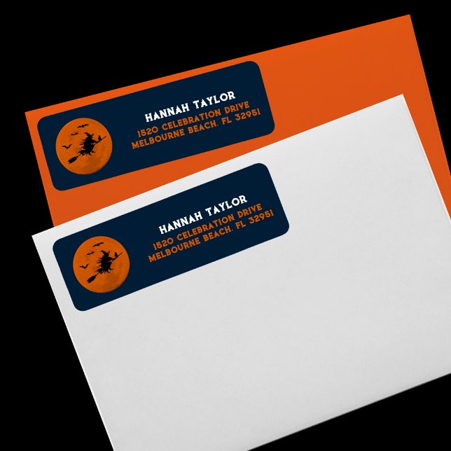 Halloween Black Wicked Witch Flying Orange Moon (witchy address label)