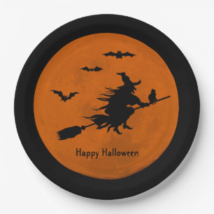 Halloween Black Wicked Witch Flying Orange Moon Paper Plate