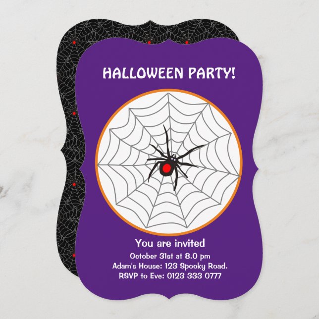 Halloween Black Widow Spider Invitation on Purple (Front/Back)