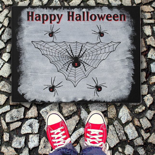 Halloween Black Widow Spiders in Web Rustic White Doormat (Crawling black widow spiders triangular web on black and white Happy Halloween door mat.)