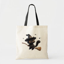 Halloween Black Witch Cats Riding Broomstick Stars