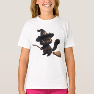 Halloween Black Witch Cats Riding Broomstick T-Shirt