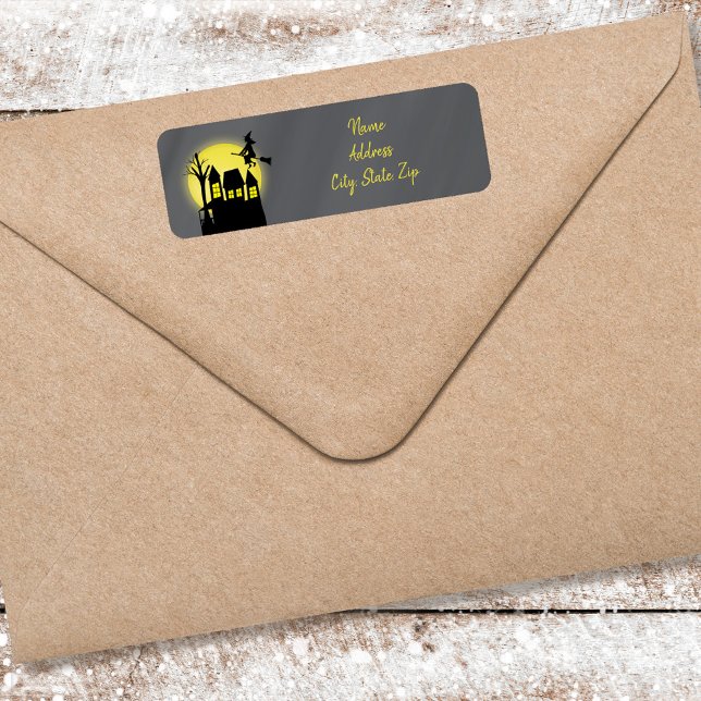 Halloween Black Witch Haunted House (Halloween customized witchy return address label. )
