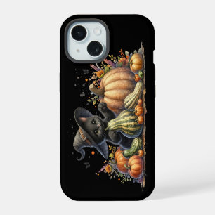Halloween Black Witch's Kitten W/ Pumpkins Gourds iPhone 15 Case
