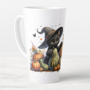 Halloween Black Witch's Kitten W/ Pumpkins Gourds Latte Mug