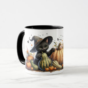 Halloween Black Witch's Kitten W/ Pumpkins Gourds Mug