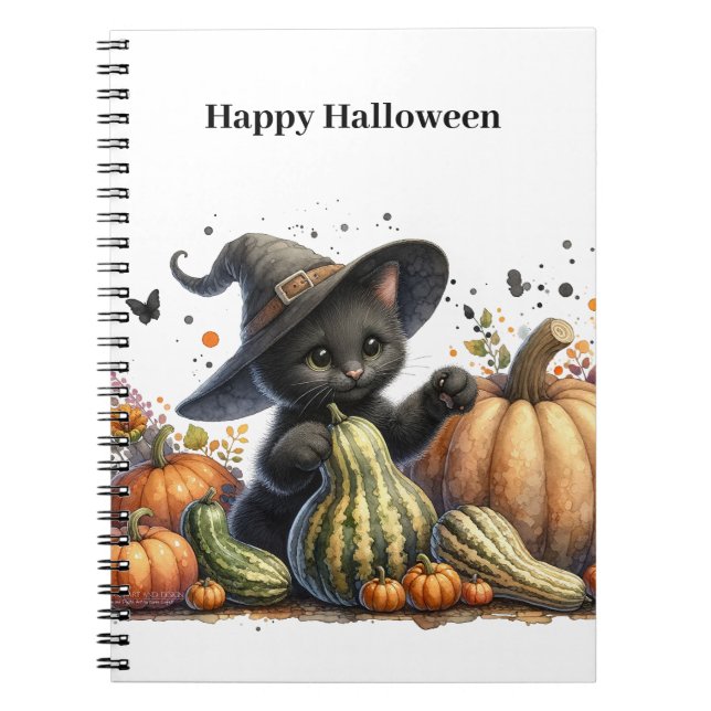 Halloween Black Witch's Kitten W/ Pumpkins Gourds Notebook (Front)