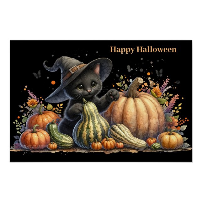 Halloween Black Witch's Kitten W/ Pumpkins Gourds Poster (Front)