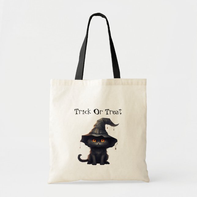 Halloween Black Witchy Kitten Cat Witch Tote Bag (Front)