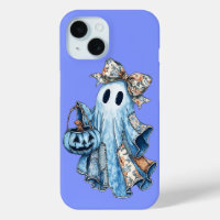 Halloween Blue Denim Boo Ghost Floral Coquette Bow