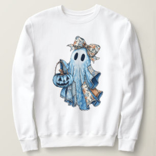 Halloween Blue Denim Boo Ghost Floral Coquette Bow Sweatshirt