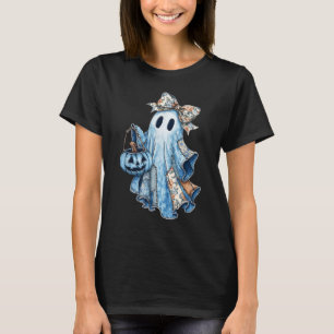 Halloween Blue Denim Boo Ghost Floral Coquette Bow T-Shirt