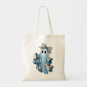 Halloween Blue Denim Boo Ghost Floral Coquette Bow Tote Bag