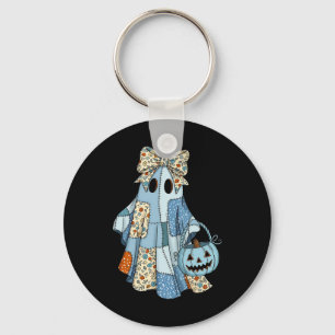 Halloween Blue Denim Boo Ghost Floral Coquette Fal Key Ring