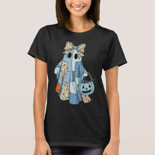 Halloween Blue Denim Boo Ghost Floral Coquette Fal T-Shirt