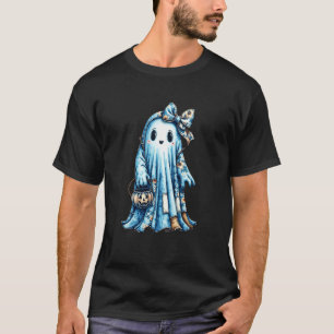 Halloween Blue Denim Boo Ghost Floral Coquette Fal T-Shirt
