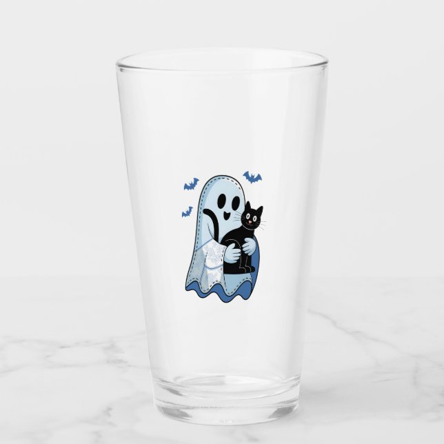 Halloween Blue Denim Ghost and Cat Glass (Front)