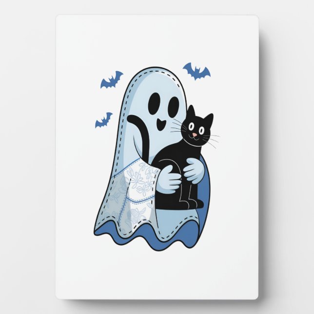Halloween Blue Denim Ghost and Cat Plaque (Front)