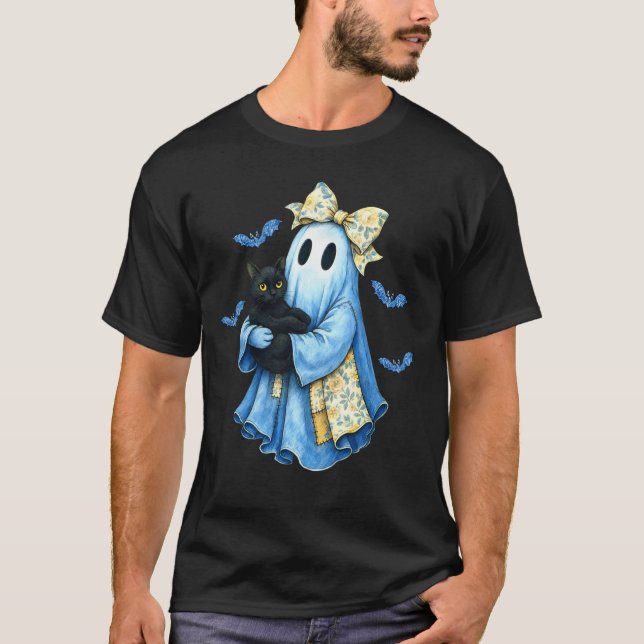 Halloween Blue Denim Ghost Patchwork Ghost Black C T-Shirt (Front)