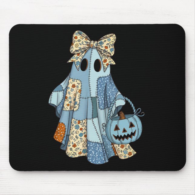 Halloween Blue Denim Ghost Trendy Denim Patchwork  Mouse Pad (Front)