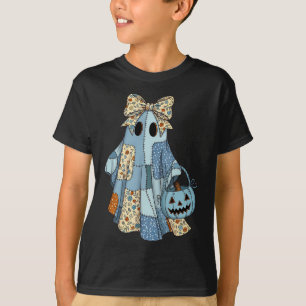 Halloween Blue Denim Ghost Trendy Denim Patchwork T-Shirt