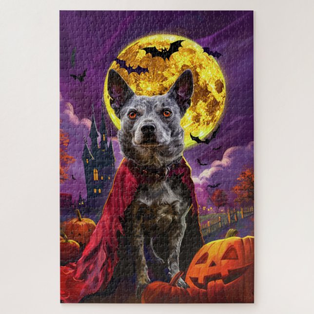Halloween Blue Heeler Dog Pumpkins Scary  Jigsaw Puzzle (Vertical)