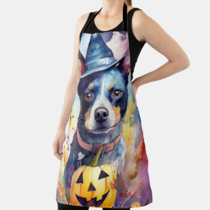 Halloween Blue Heeler With Pumpkins Scary Apron