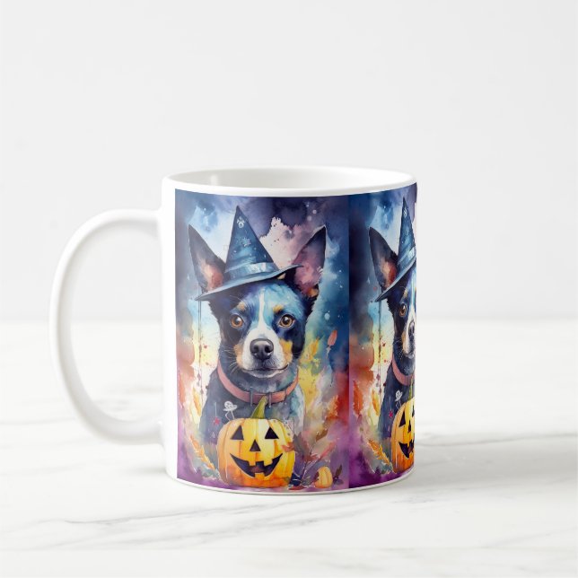 Halloween Blue Heeler With Pumpkins Scary Coffee Mug (Left)