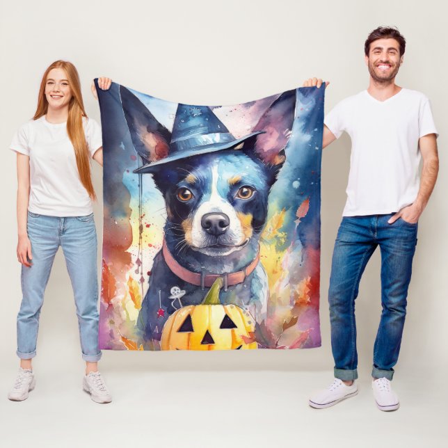Halloween Blue Heeler With Pumpkins Scary Fleece Blanket (In Situ)
