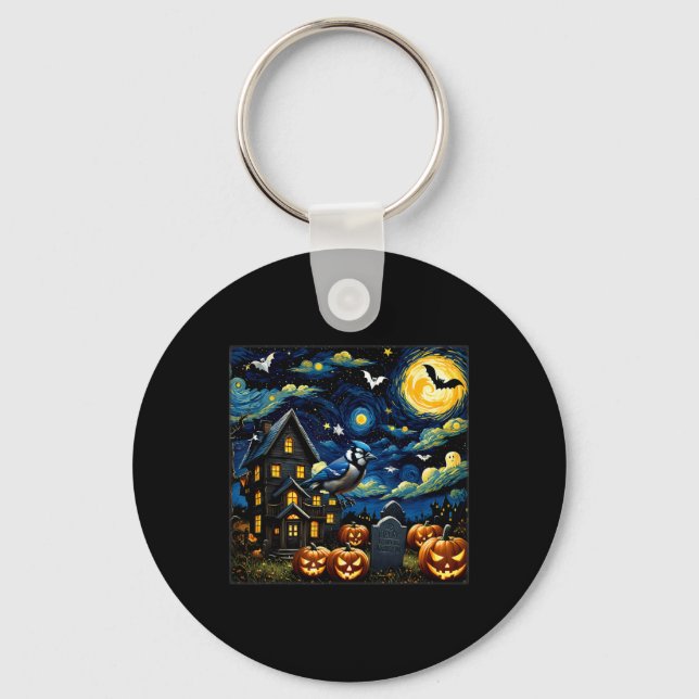 Halloween Blue Jay Starry Night  Key Ring (Front)
