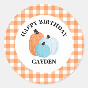 Halloween blue Pumpkins Orange Plaid Birthday Classic Round Sticker
