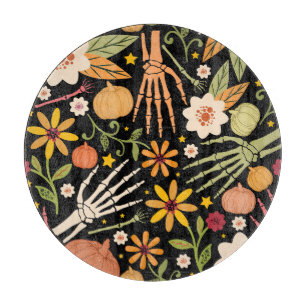 Halloween bones, floral seamless pattern. cutting board