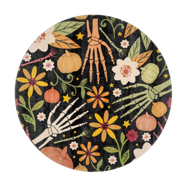 Halloween bones, floral seamless pattern. cutting board (Front)