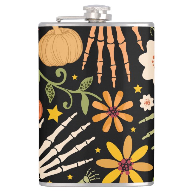 Halloween bones, floral seamless pattern. hip flask (Front)